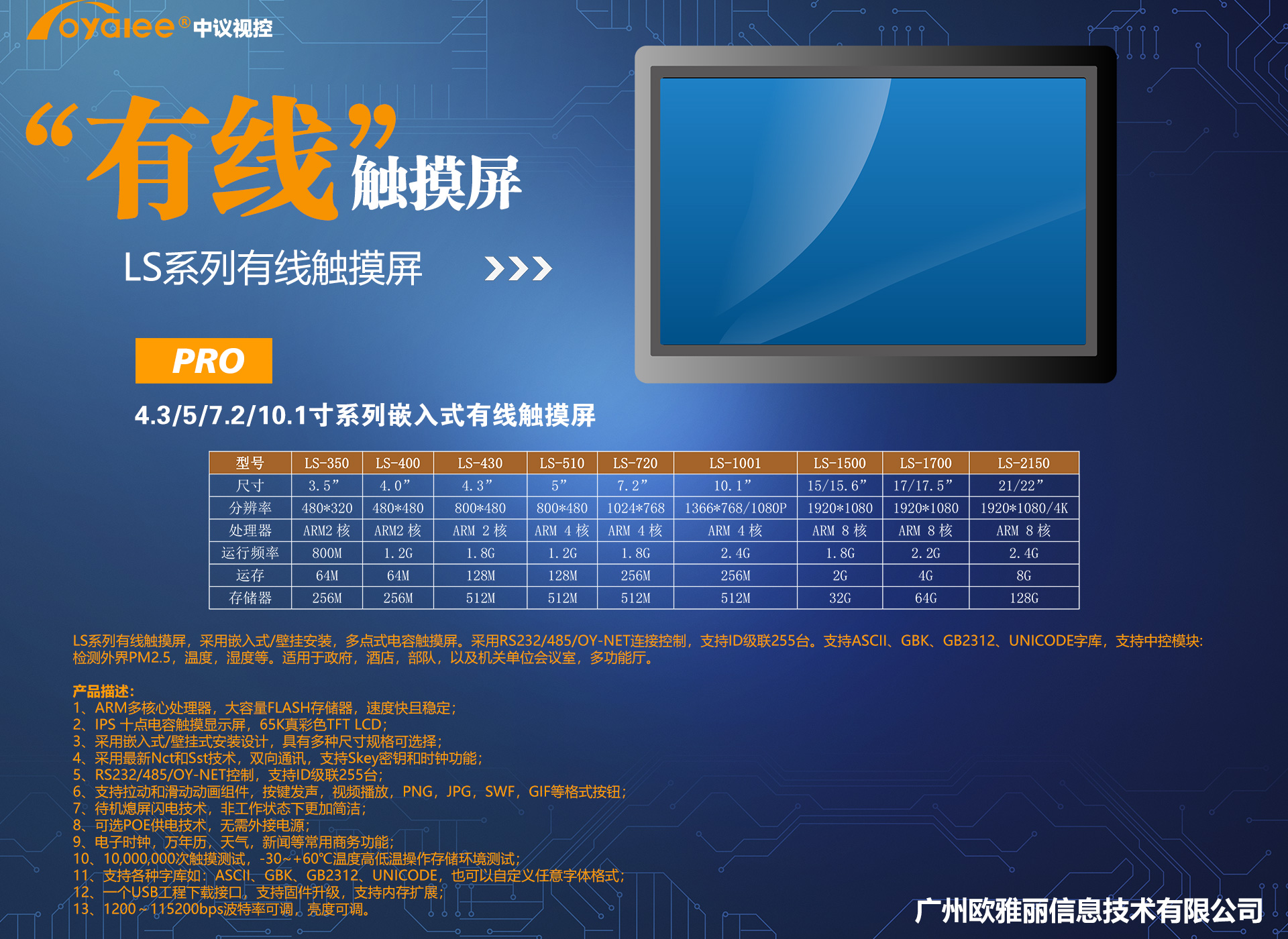 4.3/5/7.2/10.1寸系列嵌入式有线触摸屏